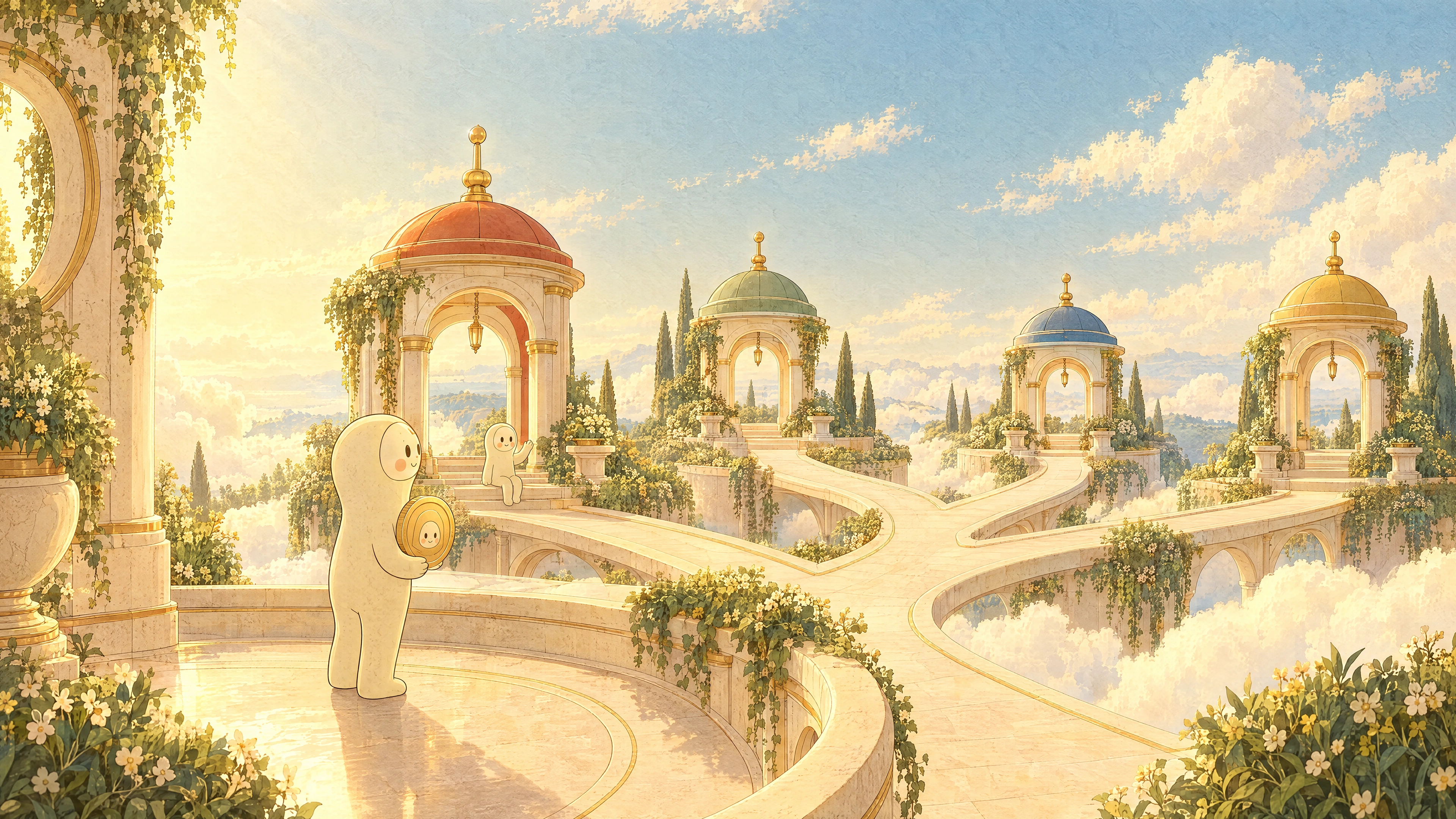 A Muse at a garden crossroads, where four paths lead to welcoming launch pavilions.